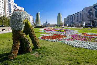 Flower beds at the Bayterek Tower, landmark of Astana, Kazakhstan, Central Asia