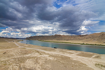 Ily river flowing through a barren landscape, Tamagaly Das, Kazakhstan, Central Asia