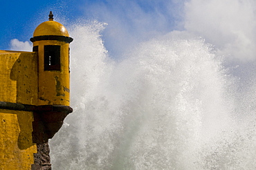 Rolling wave at the yellow castle, Fortaleza de Sao Tiago, at the coast, Funchal, Madeira, Portugal, Europe