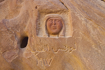 Image of Lawrence of Arabia engraved in a mountain, desert, Wadi Rum, Jordan, Western Asia