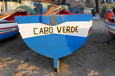 Fishing boat with lettering "Cabo Verde", Tarrafal, Santiago, Cape Verde, Africa