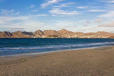 Beach of San Vicente with a view to the city, Mindelo, Cabo Verde, Cape Verde, Africa