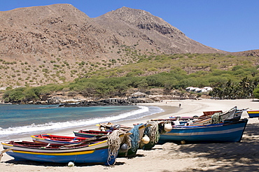 Fishing boats on beach of Tarrafal, Santiago, Cabo Verde, Cape Verde, Africa