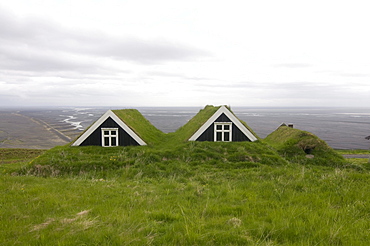 Typical wooden houses, thatched with grass, Skaftafell, Iceland, Europe