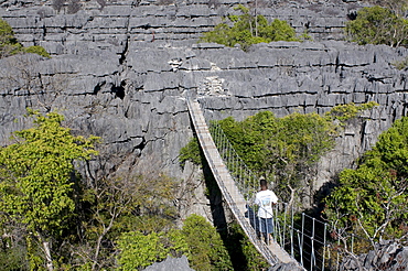 Suspension bridge over rock formations, Tsingy, Ankarana, Madagascar, Africa