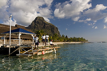 Local people at pier, Le Paradis Hotel, Mauritius, Africa