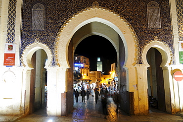 Gate Bab Bou Jeloud at night, Fez, Morocco, Africa