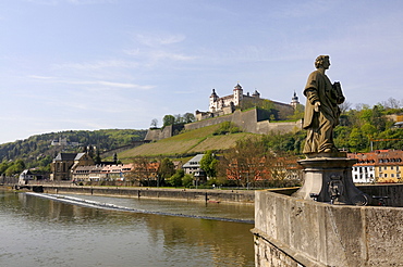 Fortress Marienberg am Main seen from Main river bridge, Wuerzburg, Lower Franconia, Bavaria, Germany, Europe