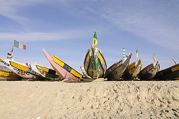 Colourful fishing boats in the fishing harbour of Nouakchott, Mauritania, northwestern Africa