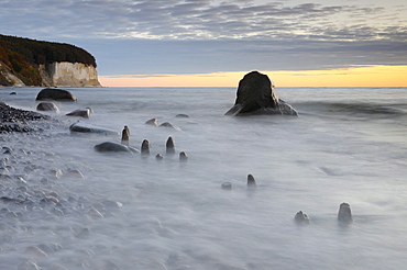 Sunrise at the chalk cliffs near Sassnitz, Jasmund National Park, Ruegen, Mecklenburg-Western Pomerania, Germany, Europe