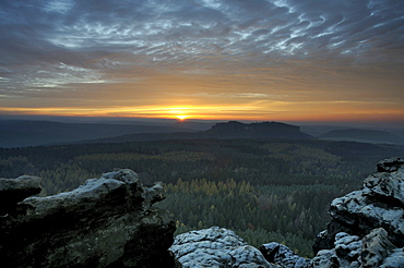 Sunset in the Saechsische Schweiz, Saxon Switzerland, from Gohrisch, Elbe Sandstone Mountains, Saxony, Germany, Europe