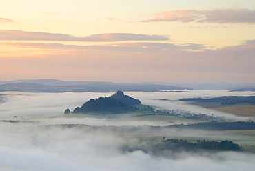 Foggy Elbe river at sunrise, Saxon Switzerland, Saxony, Germany, Europe