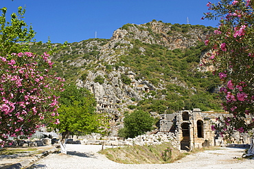 Lycian rock tombs and theater masks in Myra, Lycia, southern coast of Turkey, Turkey, Western Asia