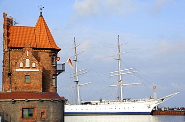 Port Authority and the Gorch Fock, a three-mast barque, in the port of Stralsund, November 2010, Stralsund, Mecklenburg-Western Pomerania, Germany, Europe