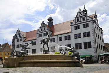 Market square with aountain and town hall, Torgau, Landkreis Nordsachsen county, Saxony, Germany, Europe