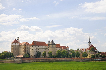 City view with Schloss Hartenfels castle, Marienkirche church and historic bridge part, Torgau, Landkreis Nordsachsen county, Saxony, Germany, Europe