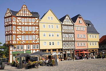 Residential houses originally built in Giessen, rebuilt on the marketplace in the Hessenpark outdoor museum near Neu-Anspach, Hochtaunuskreis district, Hesse, Germany, Europe