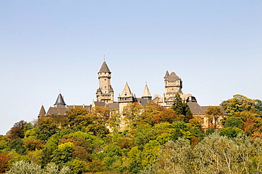 Braunfels castle as seen from the Taunus mountain range, medieval castle redesigned in baroque style, owned by the Solms-Braunfels family, Hesse, Germany, Europe