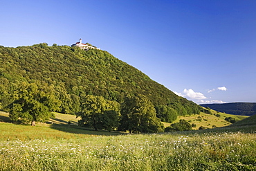 Burg Teck castle on a rocky spur on the Swabian Alb near Kirchheim, Baden-Wuerttemberg, Germany, Europe