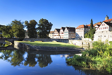 Old town on the Kocher river, Schwaebisch Hall, Hohenlohe, Baden-Wuerttemberg, Germany, Europe