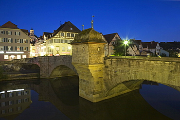 Henkersbruecke bridge in the old town of Schwaebisch Hall, Hohenlohe, Baden-Wuerttemberg, Germany, Europe