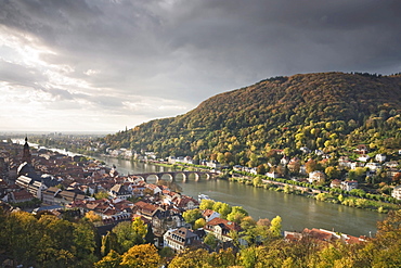 Panoramic views overlooking the old town of Heidelberg seen from the Schlosspark, castle park, Baden-Wuerttemberg, Germany, Europe