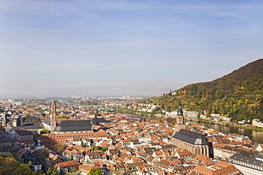 Panoramic views from Heidelberger Schloss, Heidelberg Castle, across the old town of Heidelberg, Baden-Wuerttemberg, Germany, Europe