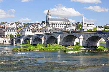 Cityscape of Blois with the Loire River bridge, Pont Jacques Gabriel, and Blois Cathedral, department of Loire et Cher, France, Europe