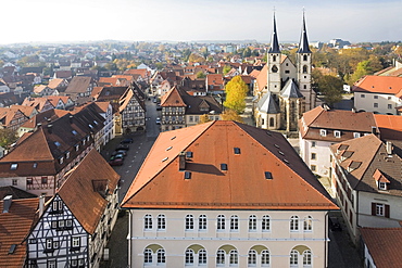 View from the Blauer Turm tower on the old town and the Protestant Church in Bad Wimpfen, Bad-Wuerttemberg, Germany, Europe