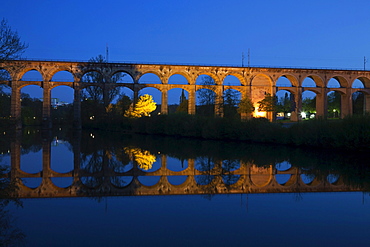 Viaduct reflected in the Neckar river, Bietigheim, Baden-Wuerttemberg, Germany, Europe