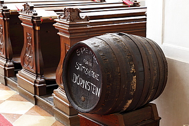 Wine barrel for donations, abbey church, Duernstein, Wachau valley, Waldviertel region, Lower Austria, Austria, Europe