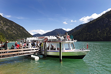 Motor vessel MS Wilhelm, Plansee lake, Ammergau Alps, Tyrol, Austria, Europe