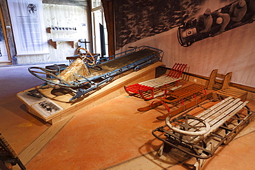 Old bobsleighs, Markus Wasmeier Farm and Winter Sports Museum, Schliersee, Upper Bavaria, Bavaria, Germany, Europe