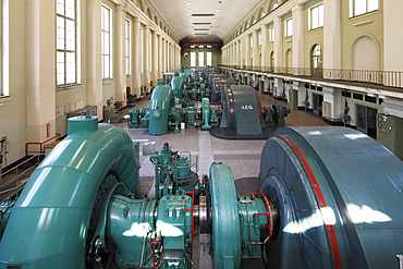 Turbine Hall, powerhouse of the Walchensee Hydroelectric Power Station, hydroelectric power from Lake Walchen to Lake Kochel, Kochel, Upper Bavaria, Bavaria, Germany, Europe