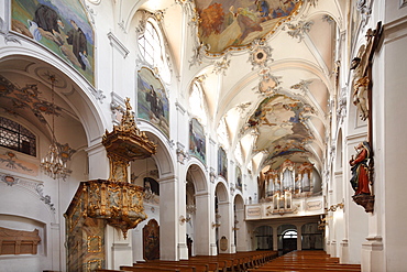 Basilica with pulpit and organ, Kloster Scheyern monastery, Hallertau, Holledau or Hollerdau, Upper Bavaria, Bavaria, Germany, Europe