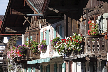 Row of houses on Loisachstrasse street, Garmisch-Partenkirchen, Garmisch district, Werdenfelser Land region, Upper Bavaria, Bavaria, Germany, Europe