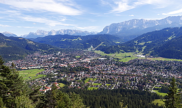 View of Garmisch-Partenkirchen as seen from Martinshuette mountain inn, Werdenfelser Land region, Upper Bavaria, Bavaria, Germany, Europe