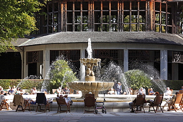 Salt works, graduation house and Alpine brine fountain, Bad Reichenhall spa gardens, Berchtesgadener Land district, Upper Bavaria, Germany, Europe