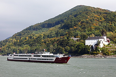 River cruise ship, My Story, in front of Servite Monastery of Schoenbuehel on the Danube, Wachau, Mostviertel, Most Quarter, Lower Austria, Austria, Europe