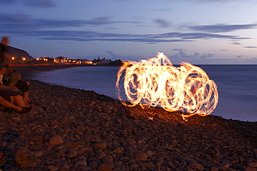 Fire dancer with torches, La Playa, Valle Gran Rey, La Gomera, Canary Islands, Spain, Europe