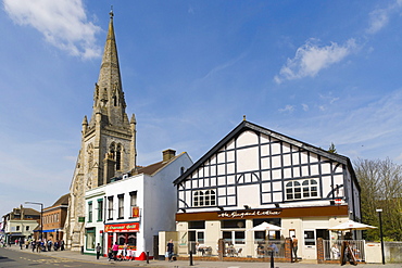 Fisherton Street with the spire of the United Reformed Church, and Slug and Lettuce restaurant, Salisbury, Wiltshire, England, United Kingdom, Europe