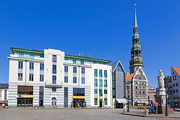 The spire of the St Peter's Church and Town Hall Square, Ratslaukums, old town, Vecriga, Riga, Latvia, Northern Europe