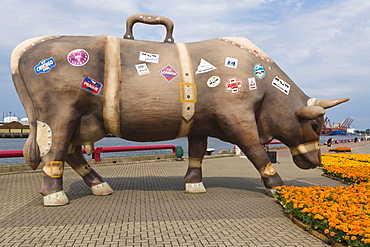 Celojosa govs, Travelling Cow, Cow Parade, Ostas ielas promenade, Spikeru piekraste, Ostas Street Promenade, port, also known as Venta Embankment, Ventmala, Ventspils, Kurzeme, Latvia, Northern Europe