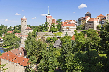 Old Waterworks, Alte Wasserkunst, Stara wodarnja, and Church of St Michael, Michaeliskirche, Michalska cyrkej, viewed from Peace Bridge, Friedensbruecke, Bautzen, Budysin, Budysyn, Budziszyn, Dresden region, Eastern Saxony, Upper Lusatia, Germany, Europe