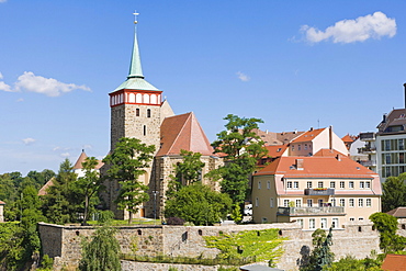 Church of St Michael, Michaeliskirche, Michalska cyrkej, viewed from Peace Bridge, Friedensbruecke, Bautzen, Budysin, Budysyn, Budziszyn, Dresden region, Eastern Saxony, Upper Lusatia, Germany, Europe