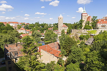 Old Waterworks, Alte Wasserkunst, Stara wodarnja, and Church of St Michael, Michaeliskirche, Michalska cyrkej, viewed from Peace Bridge, Friedensbruecke, Bautzen, Budysin, Budysyn, Budziszyn, Dresden region, Eastern Saxony, Upper Lusatia, Germany, Europe