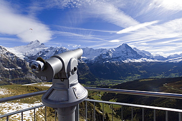 Telescope, view from First mountain towards Grindelwald and Eiger mountain, Grindelwald, Bernese Oberland region, canton of Bern, Switzerland, Europe