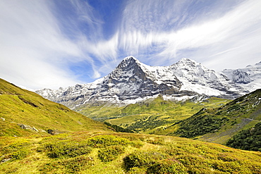 View towards the Jungfrau Massif with the 3970 metre high Eiger Mountain and the 4107 metre high Moench Mountain, Canton of Bern, Switzerland, Europe