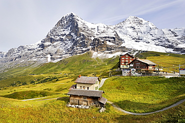 Kleine Scheidegg Pass with a view towards the Jungfrau Massif with the 3970 metre high Eiger Mountain and the 4107 metre high Moench Mountain, Canton of Bern, Switzerland, Europe