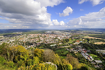 View over the town of Singen on Hohentwiel, an extinct volcano, district of Konstanz, Baden-Wuerttemberg, Germany, Europe